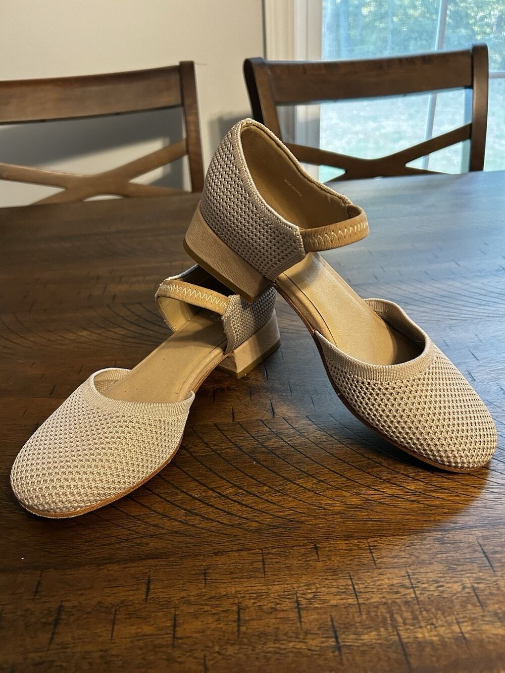 Eileen Fisher Women 8 Ammi Stretch Mary Jane Pumps Beige Taupe Block Heels Knit